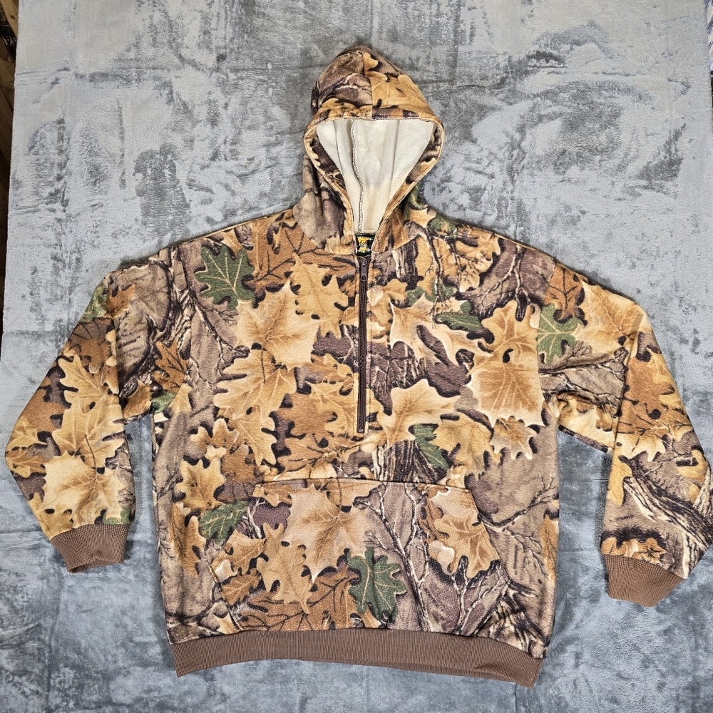 Vintage Cabela's Camo 1/2 Zip Heavyweight Fleece Sweater Hoodie Leaf Camouflage